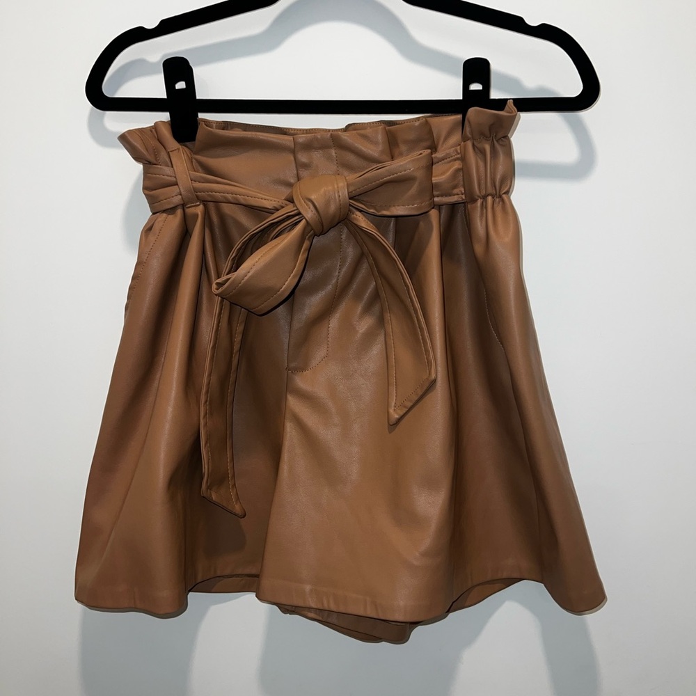 Tan Faux Leather Paperbag Shorts